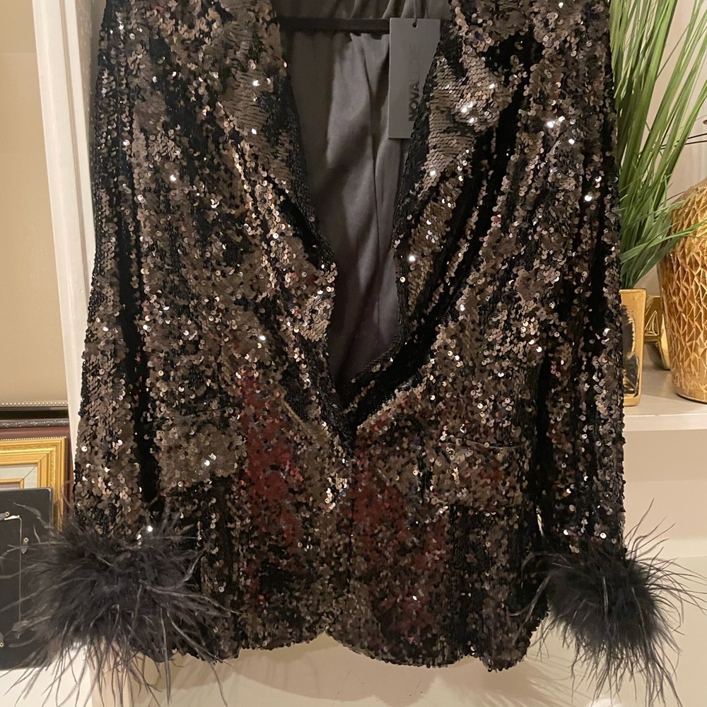Black Sequin Blazer with Feather Sleeves, Size 2X, New With Tags